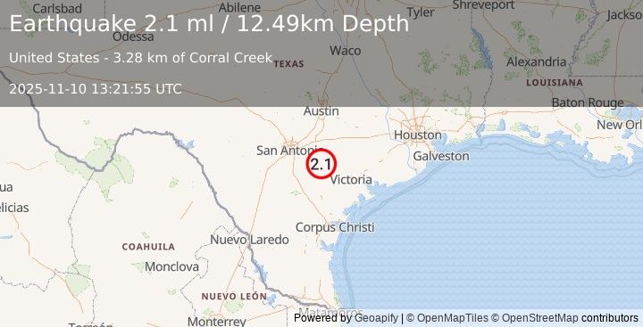 Earthquake 14 km S of Nixon, Texas (2.1 ml) (2025-11-10 13:21:55 UTC)
