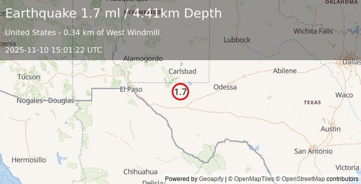 Earthquake 58 km S of Whites City, New Mexico (1.7 ml) (2025-11-10 15:01:22 UTC)