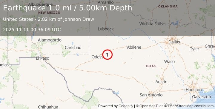 Earthquake 17 km SSE of Stanton, Texas (1.0 ml) (2025-11-11 00:36:09 UTC)