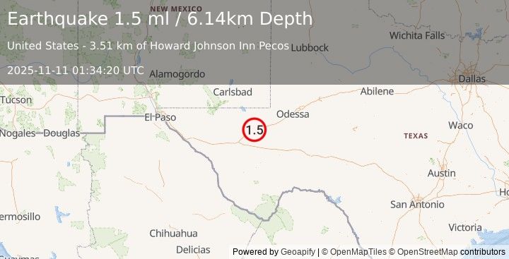 Earthquake 6 km W of Pecos, Texas (1.5 ml) (2025-11-11 01:34:20 UTC)