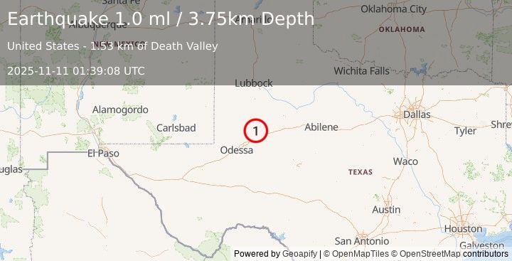Earthquake 20 km SSW of Ackerly, Texas (1.0 ml) (2025-11-11 01:39:08 UTC)