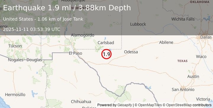 Earthquake 55 km W of Mentone, Texas (1.9 ml) (2025-11-11 03:53:39 UTC)