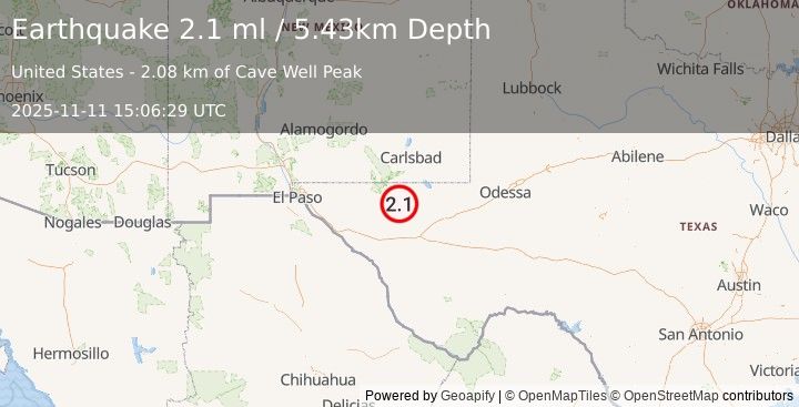 Earthquake 58 km S of Whites City, New Mexico (2.1 ml) (2025-11-11 15:06:29 UTC)