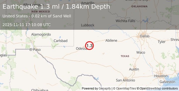 Earthquake 12 km SE of Stanton, Texas (1.3 ml) (2025-11-11 17:10:08 UTC)