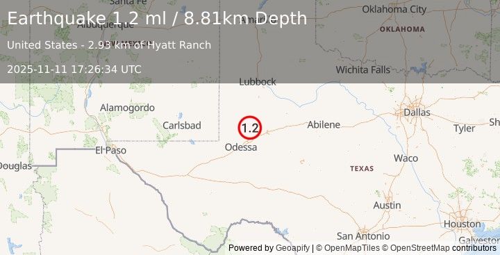 Earthquake 37 km NW of Stanton, Texas (1.2 ml) (2025-11-11 17:26:34 UTC)
