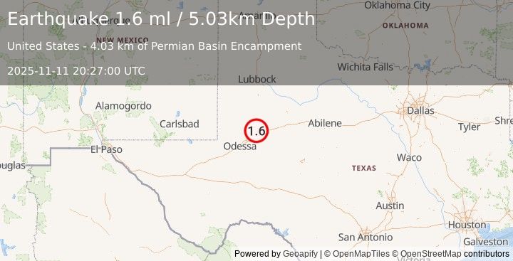 Earthquake 14 km NNW of Stanton, Texas (1.6 ml) (2025-11-11 20:27:00 UTC)