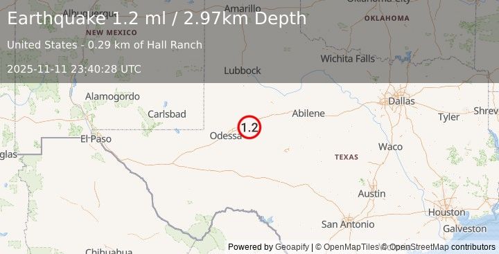 Earthquake 17 km ESE of Stanton, Texas (1.2 ml) (2025-11-11 23:40:28 UTC)