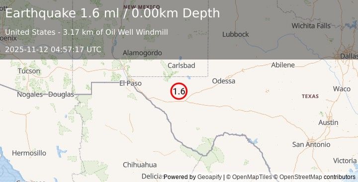 Earthquake 54 km WNW of Toyah, Texas (1.6 ml) (2025-11-12 04:57:17 UTC)