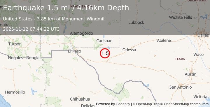 Earthquake 49 km NW of Toyah, Texas (1.5 ml) (2025-11-12 07:44:22 UTC)