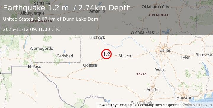 Earthquake 24 km NNW of Westbrook, Texas (1.2 ml) (2025-11-12 09:31:00 UTC)