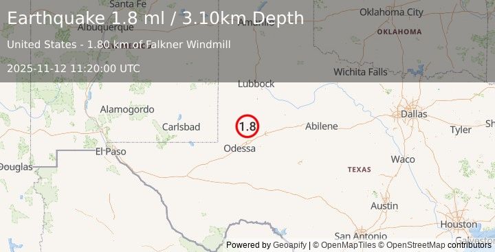 Earthquake 35 km SSW of Los Ybanez, Texas (1.8 ml) (2025-11-12 11:20:00 UTC)