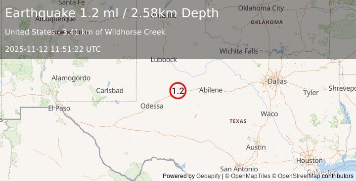 Earthquake 16 km NE of Coahoma, Texas (1.2 ml) (2025-11-12 11:51:22 UTC)
