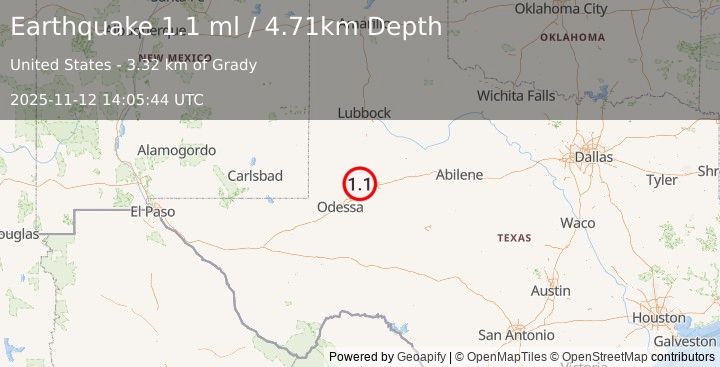 Earthquake 20 km NW of Stanton, Texas (1.1 ml) (2025-11-12 14:05:45 UTC)