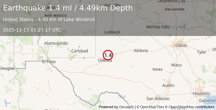 Earthquake 20 km NNW of Midland, Texas (1.4 ml) (2025-11-13 01:27:17 UTC)