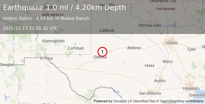 Earthquake 20 km NNW of Midland, Texas (1.0 ml) (2025-11-13 22:50:31 UTC)