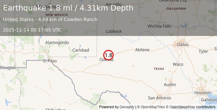 Earthquake 18 km NW of Midland, Texas (1.8 ml) (2025-11-14 00:17:05 UTC)