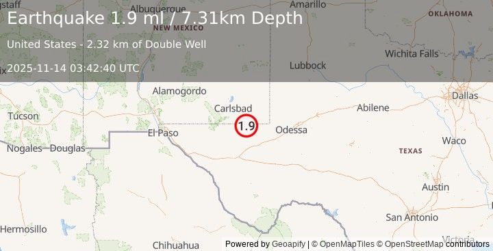 Earthquake 34 km NW of Mentone, Texas (1.9 ml) (2025-11-14 03:42:40 UTC)
