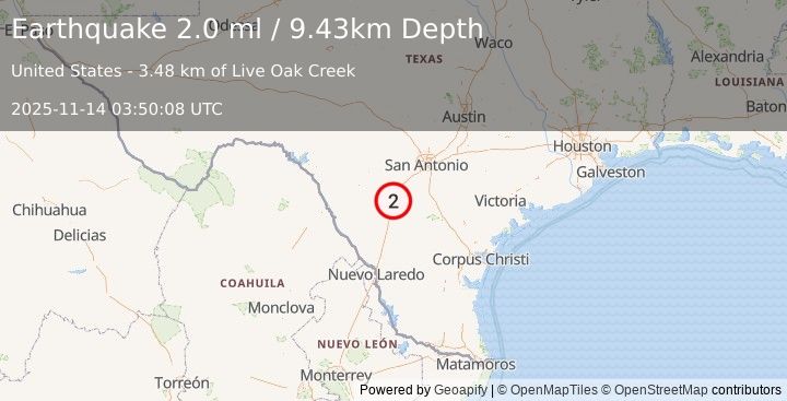 Earthquake 11 km N of Hilltop, Texas (2.0 ml) (2025-11-14 03:50:08 UTC)