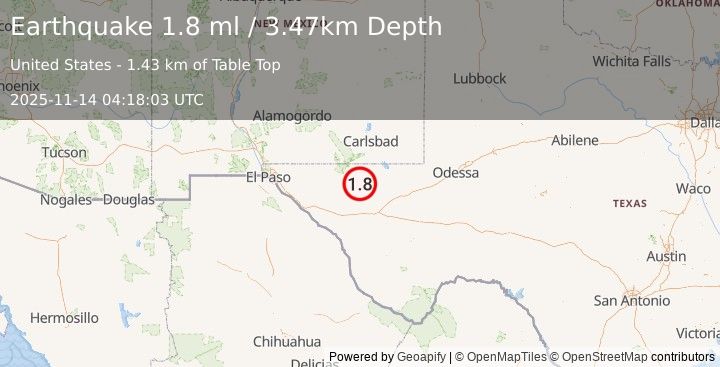 Earthquake 60 km S of Whites City, New Mexico (1.8 ml) (2025-11-14 04:18:03 UTC)