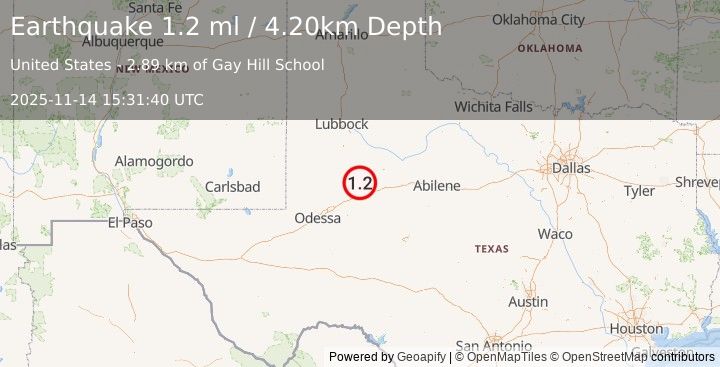 Earthquake 23 km NNW of Sand Springs, Texas (1.2 ml) (2025-11-14 15:31:40 UTC)