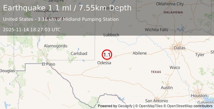 Earthquake 35 km E of McKinney Acres, Texas (1.1 ml) (2025-11-14 18:27:03 UTC)