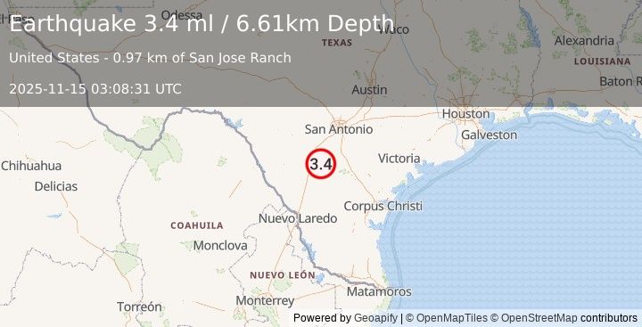 Earthquake 23 km E of Dilley, Texas (3.4 ml) (2025-11-15 03:08:31 UTC)