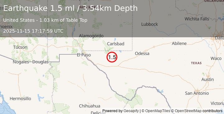 Earthquake 62 km S of Whites City, New Mexico (1.5 ml) (2025-11-15 17:17:59 UTC)