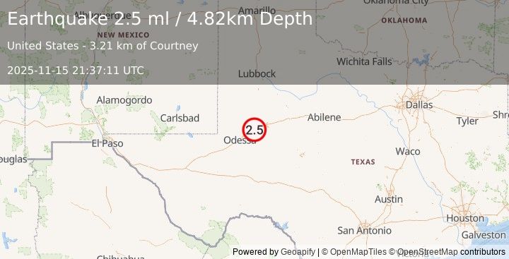 Earthquake 12 km W of Stanton, Texas (2.5 ml) (2025-11-15 21:37:12 UTC)