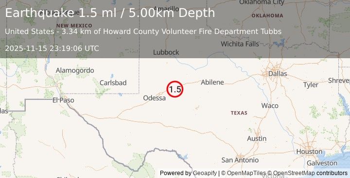 Earthquake 8 km SSE of Big Spring, Texas (1.5 ml) (2025-11-15 23:19:06 UTC)
