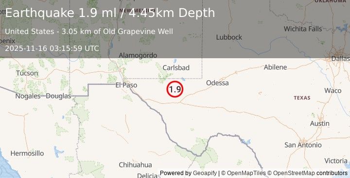 Earthquake 56 km NW of Toyah, Texas (1.9 ml) (2025-11-16 03:15:59 UTC)