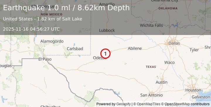 Earthquake 14 km W of Stanton, Texas (1.0 ml) (2025-11-16 04:56:27 UTC)
