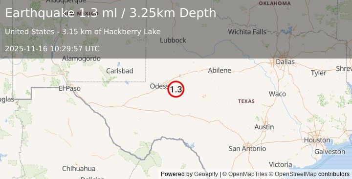 Earthquake 27 km SW of Garden City, Texas (1.3 ml) (2025-11-16 10:29:57 UTC)