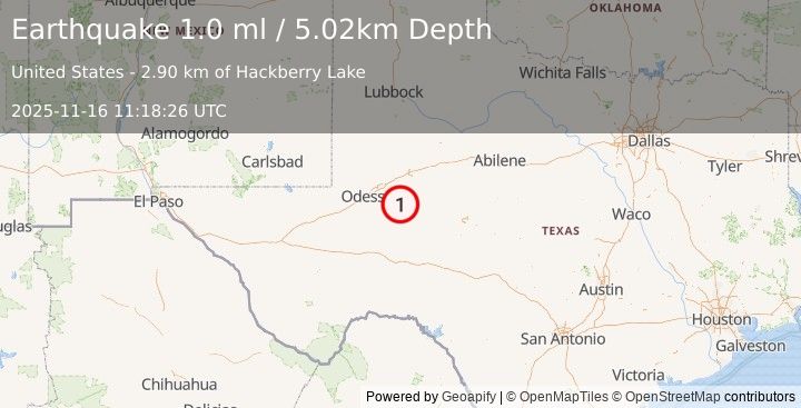Earthquake 28 km SW of Garden City, Texas (1.1 ml) (2025-11-16 11:18:27 UTC)