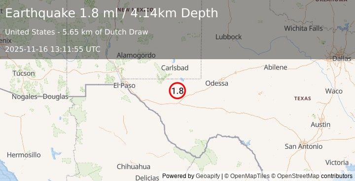 Earthquake 41 km NW of Toyah, Texas (1.8 ml) (2025-11-16 13:11:55 UTC)