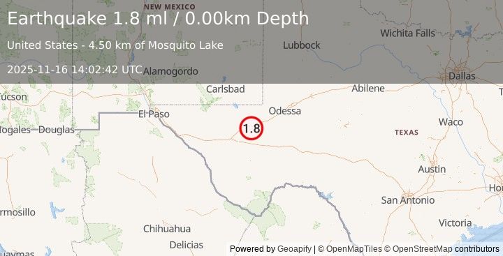 Earthquake 8 km SE of Pecos, Texas (1.8 ml) (2025-11-16 14:02:42 UTC)