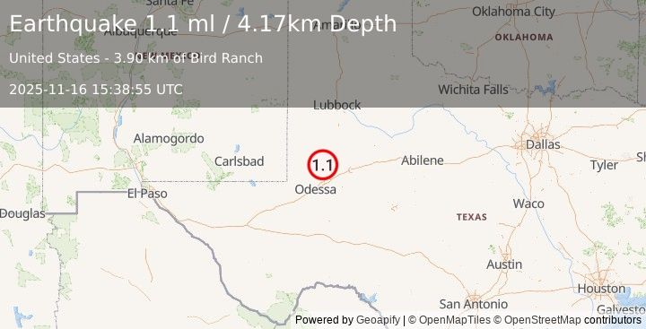 Earthquake 32 km E of McKinney Acres, Texas (1.1 ml) (2025-11-16 15:38:55 UTC)