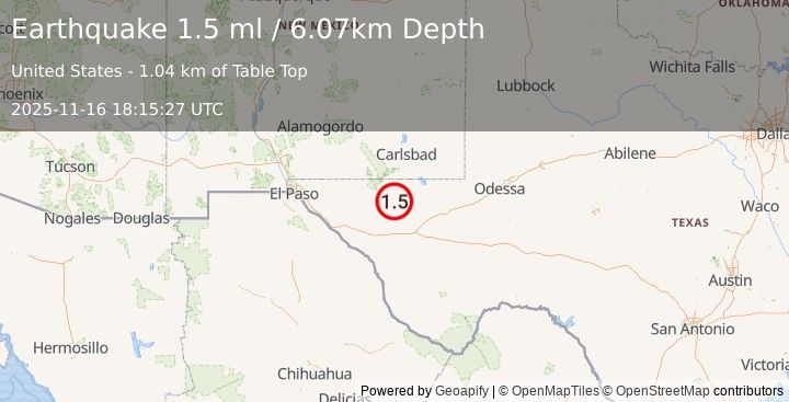 Earthquake 61 km S of Whites City, New Mexico (1.5 ml) (2025-11-16 18:15:27 UTC)