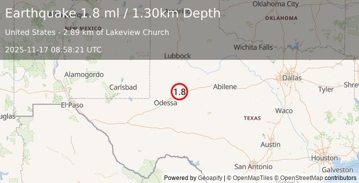 Earthquake 15 km NNE of Stanton, Texas (1.8 ml) (2025-11-17 08:58:21 UTC)