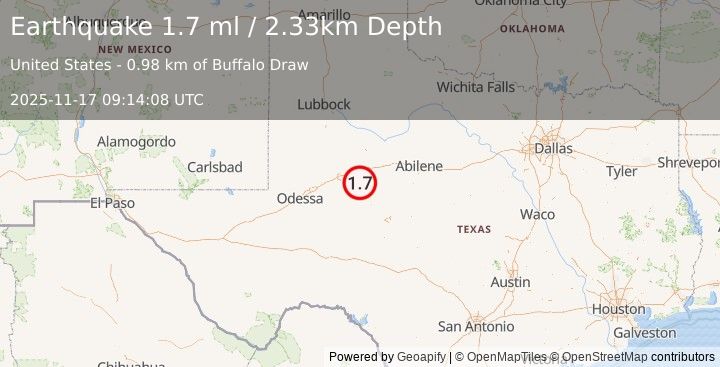 Earthquake 26 km S of Westbrook, Texas (1.7 ml) (2025-11-17 09:14:08 UTC)