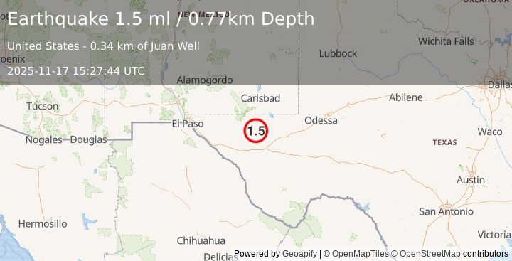 Earthquake 62 km WNW of Toyah, Texas (1.5 ml) (2025-11-17 15:27:44 UTC)