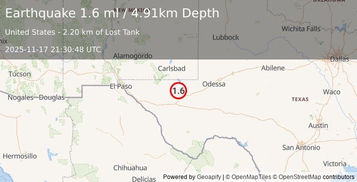 Earthquake 31 km NNW of Toyah, Texas (1.6 ml) (2025-11-17 21:30:48 UTC)