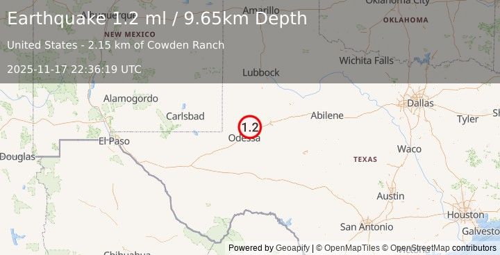 Earthquake 16 km NW of Midland, Texas (1.2 ml) (2025-11-17 22:36:19 UTC)