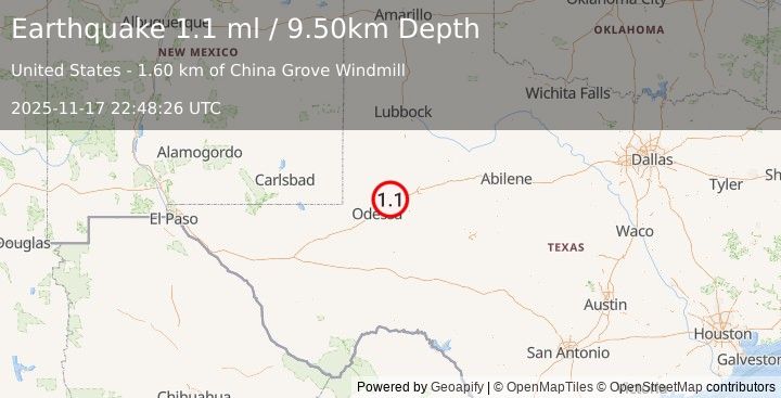 Earthquake 10 km N of Midland, Texas (1.1 ml) (2025-11-17 22:48:26 UTC)