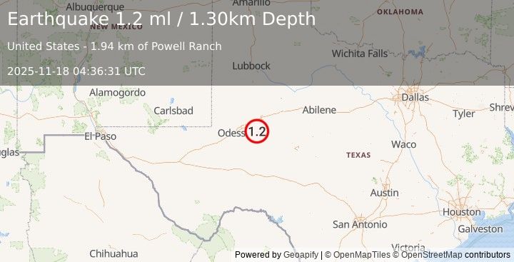Earthquake 17 km W of Garden City, Texas (1.2 ml) (2025-11-18 04:36:31 UTC)