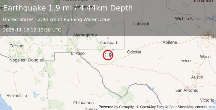 Earthquake 58 km NW of Toyah, Texas (1.9 ml) (2025-11-18 12:19:38 UTC)