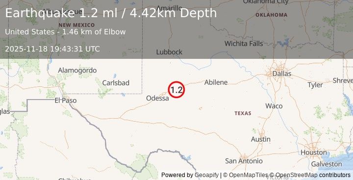 Earthquake 11 km SSW of Big Spring, Texas (1.2 ml) (2025-11-18 19:43:31 UTC)