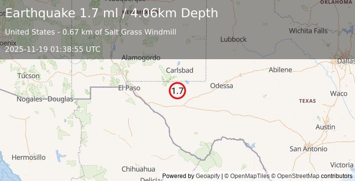 Earthquake 57 km S of Whites City, New Mexico (1.7 ml) (2025-11-19 01:38:54 UTC)
