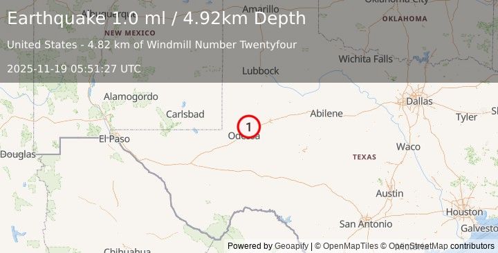Earthquake 15 km NW of Midland, Texas (1.0 ml) (2025-11-19 05:51:27 UTC)