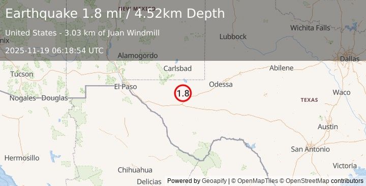Earthquake 29 km NW of Toyah, Texas (1.8 ml) (2025-11-19 06:18:54 UTC)
