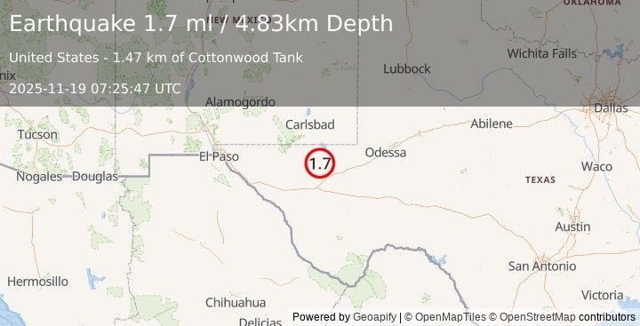 Earthquake 38 km NNW of Toyah, Texas (1.7 ml) (2025-11-19 07:25:47 UTC)